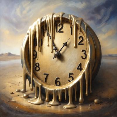 The primary subject of the image is a large, golden clock with dripping icing, giving it a unique and artistic appearance. The clock is placed on a surface that resembles a desert, adding to the overall atmosphere of the scene. The visual style of the image is a painting, which showcases the artist's creativity and skill in depicting the clock with dripping icing. The colors and mood of the painting are predominantly warm and inviting, with the golden clock and the desert setting creating a
